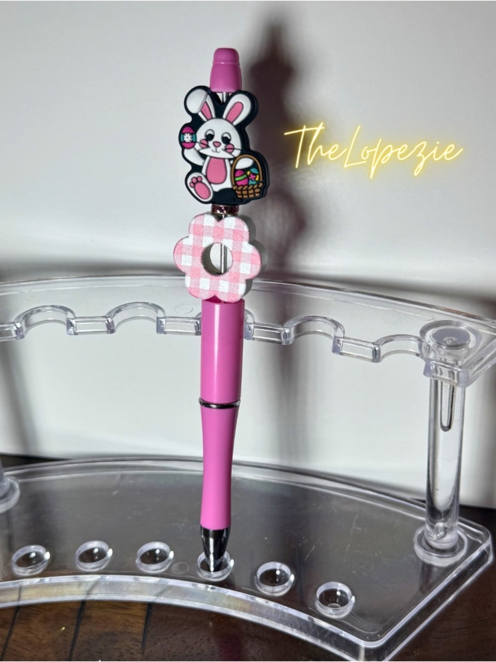 Pink Bunny Pen with Gingham Flower Charm